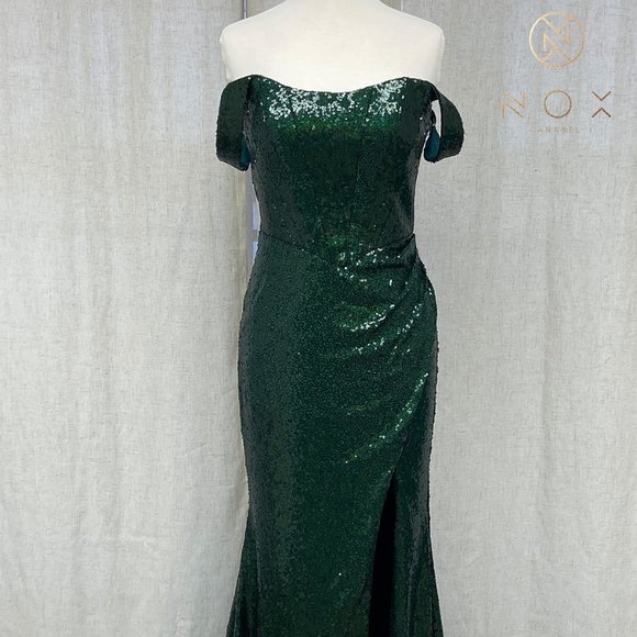 NEW LONG OFF THE SHOULDER EMBROIDERED SEQUIN DRESS WITH ZIPPER BACK NX R1203 - Picture 4 of 9